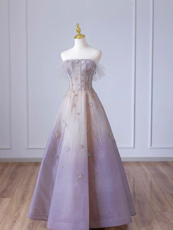 Gradient Purple A-line Strapless Sleeveless Tulle Star Long Evening Dresses  TP1480