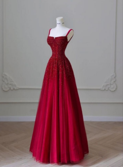 Red A-Line Spaghetti Straps Bright Beaded Tulle Long Prom Dresses TP1567