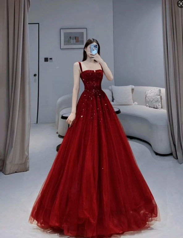 Red A-Line Spaghetti Straps Bright Beaded Tulle Long Prom Dresses TP1567