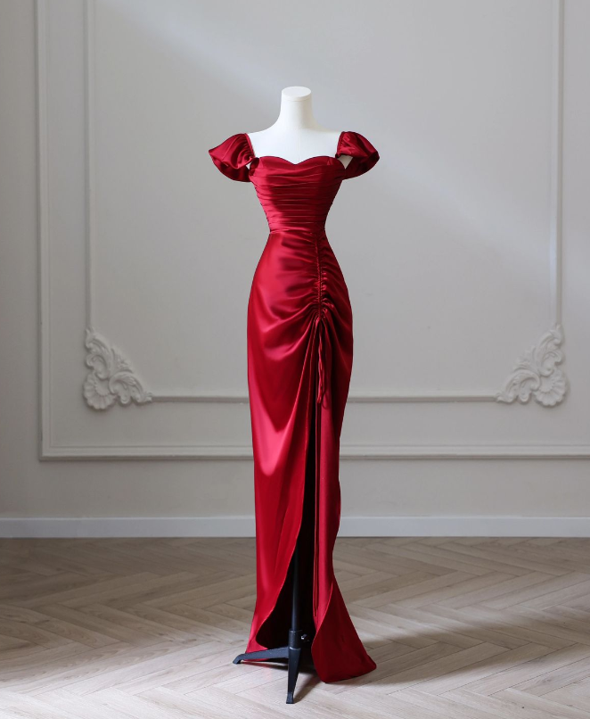 Red Mermaid Sleeveless Satin High Waisted Split Long Prom Dresses TP1619