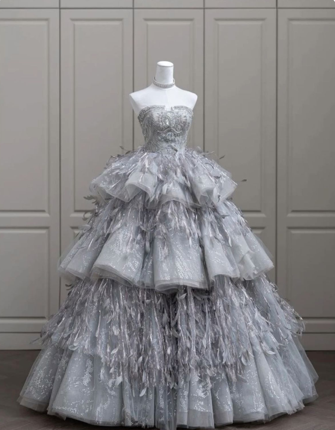 Glamorous Silver Grey Strapless Layered Feather & Sequin Details Tiered Ball Gown TP1657