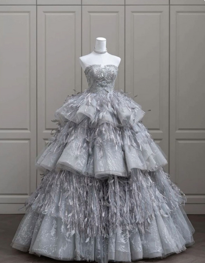 Glamorous Silver Grey Strapless Layered Feather & Sequin Details Tiered Ball Gown TP1657