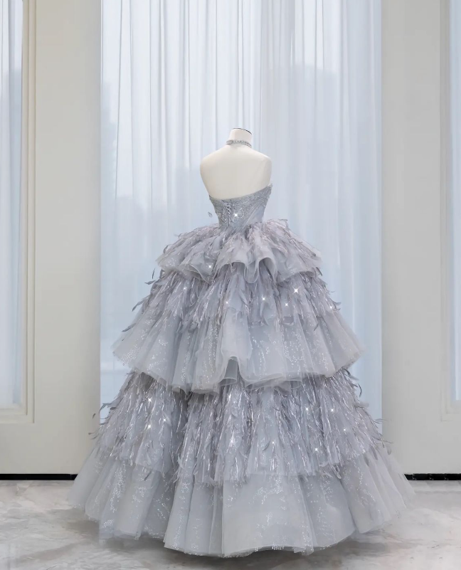 Glamorous Silver Grey Strapless Layered Feather & Sequin Details Tiered Ball Gown TP1657