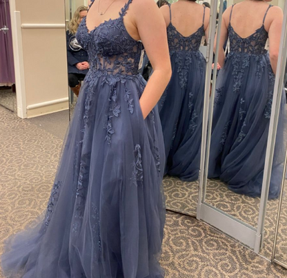 Blue V Neck A-line Applique Spaghetti Strap Long Prom Dresses TP1688