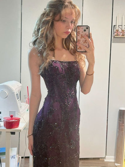 Purple Mermaid Sequined High Split Spaghetti Strap Long Prom Dresses TP1706