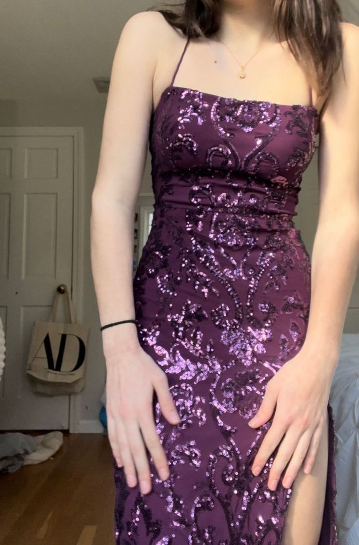 Purple Mermaid Sequined High Split Spaghetti Strap Long Prom Dresses TP1706