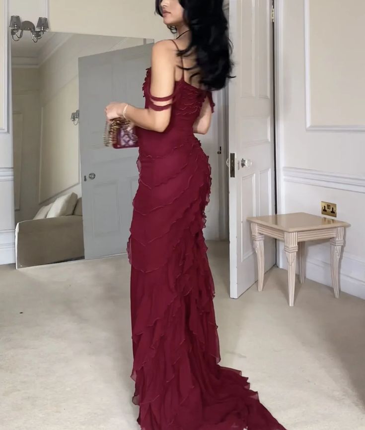 Burgundy Strapless Straps Multi Layered Ruffle Split Long Dress  TP1710