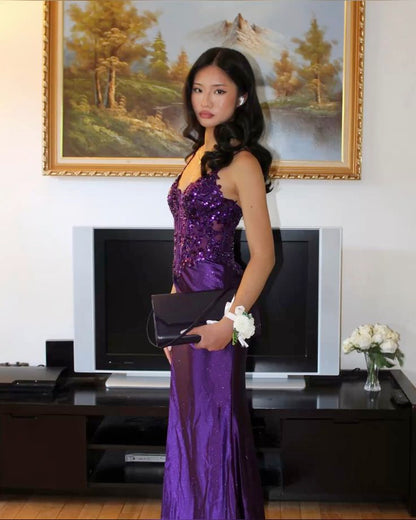 Purple Lace Sexy High Split Spaghetti Strap Satin Long Prom Dresses  TP1711