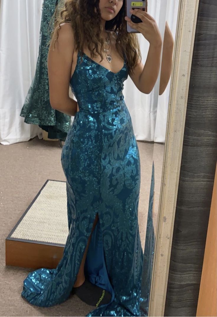 Blue V Neck Spaghetti Straps Neckline Split Mermaid Long Prom Dresses  TP1714