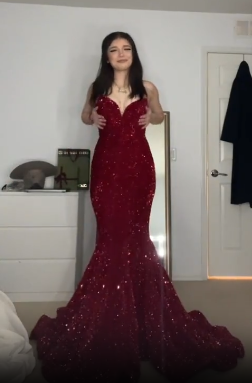 Vintage Burgundy Sequin Strapless Mermaid Sparkling Formal Evening Dress Train Prom Dresses TP1721