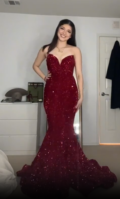 Vintage Burgundy Sequin Strapless Mermaid Sparkling Formal Evening Dress Train Prom Dresses TP1721