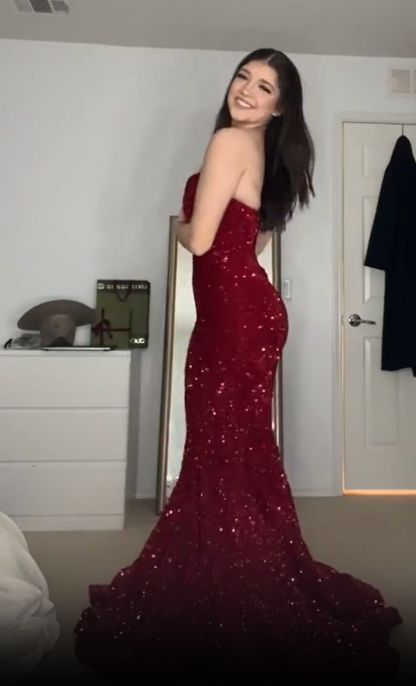 Vintage Burgundy Sequin Strapless Mermaid Sparkling Formal Evening Dress Train Prom Dresses TP1721