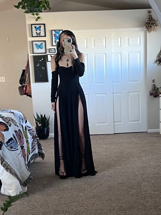 Chic Black Strapless  Split Long Prom Dresses TP1728
