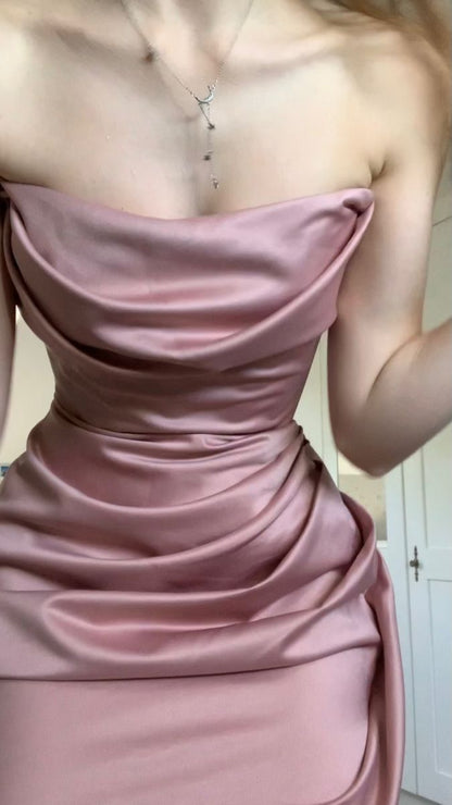 Pink Mermaid Sexy Sheath Strapless Split Satin Long Prom Dresses TP1734