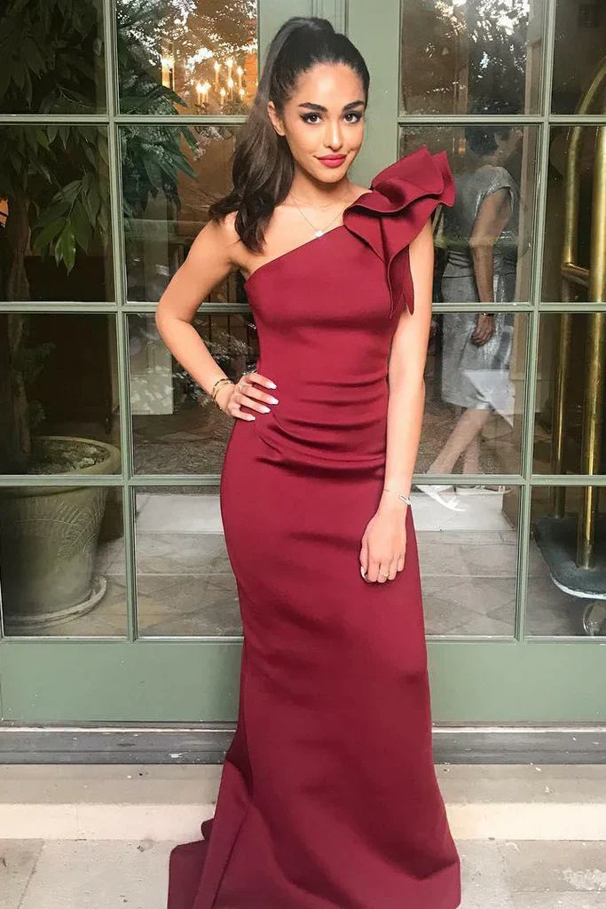 Elegant Burgundy Mermaid Satin One Shoulder Ball Gown TP1770