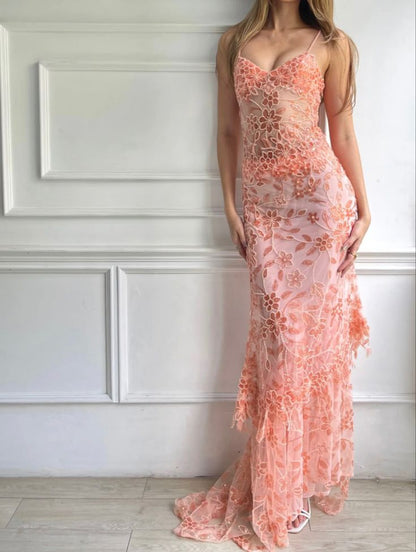 Pink Spaghetti Strap Lace Gorgeous Mermaid Evening Dress TP1774