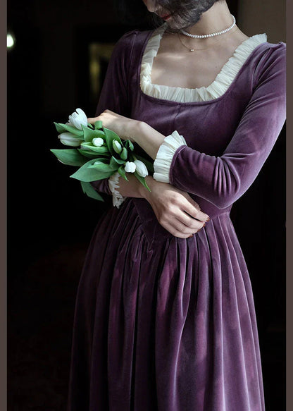 Elegant Purple Velvet A-Line Long Sleeve Maxi Dress TP1817