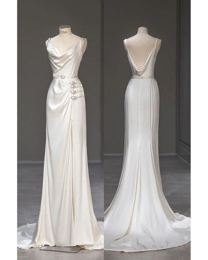 Ivory White Simple Strap Backless Satin Wedding Dress TP1827