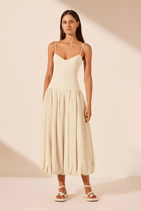 Beige Elegant Spaghetti Strap Midi Bubble Dress TP1842