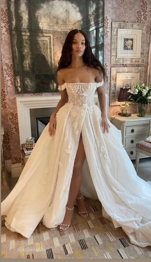 Dreamy Off-the-Shoulder Corset Wedding Dress High Slit Embroidered Bridal Gown TP1851