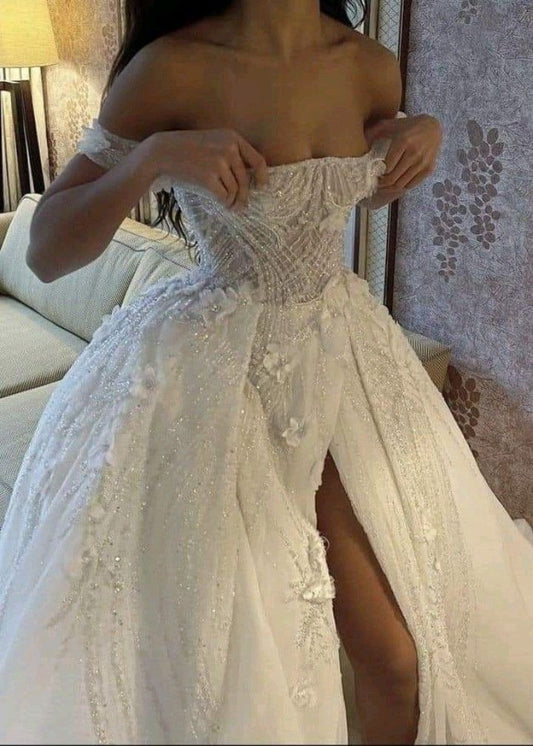 Dreamy Off-the-Shoulder Corset Wedding Dress High Slit Embroidered Bridal Gown TP1851