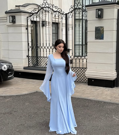 Simple Blue Square Neck Long Sleeve A-Line Formal Prom Dress Evening Gown TP1871