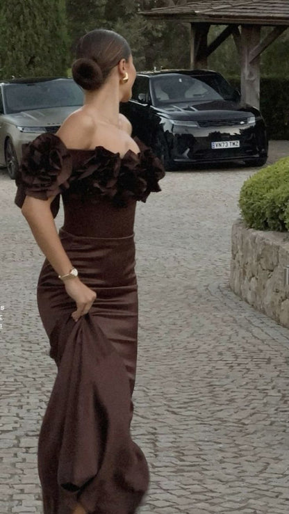 Elegant Mermaid Brown Off Shoulder Satin Floor Length Formal Prom Dress Evening Gown TP1873