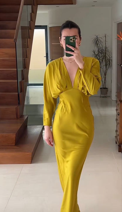 Vintage Mustard Yellow Sheath Deep V Neck Long-sleeved Satin Long Formal Evening Gown TP1908
