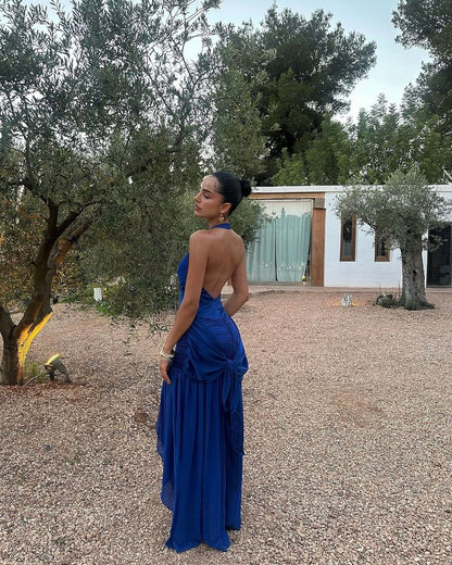 Sexy Sapphire Blue V-neck Halter Backless Satin Formal Ball Gown Evening Dress TP1916