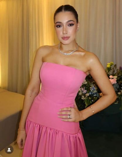 Simple Pink A-line Strapless Off-shoulder Floor-length Ball Gown Evening Dress TP1919