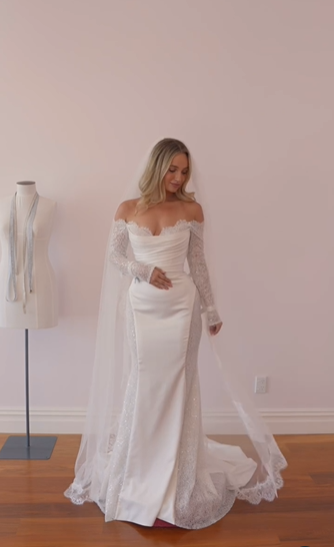 Elegant Mermaid Off-shoulder Lace Long Sleeve Satin Train Wedding Dress TP1925