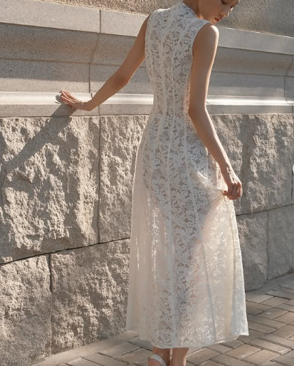 Simple A-Line High Neck Sleeveless Lace Formal Dress Evening Gown TP1927