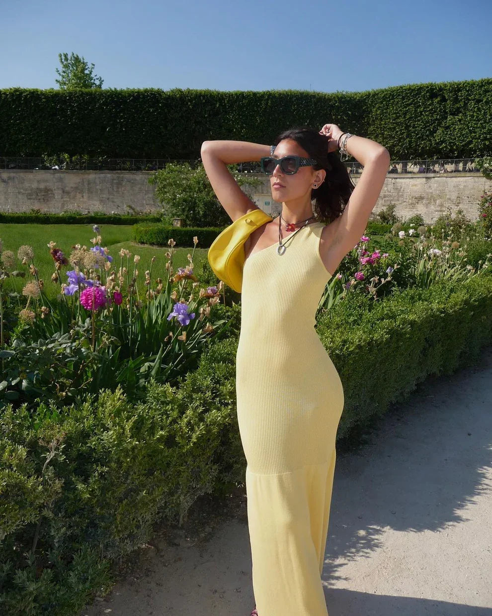 Elegant Light Yellow Mermaid One Shoulder Sleeveless Knitted Drape Long Dress TP1938