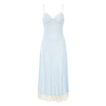 Elegant Blue Spaghetti Strap Lace Trim Ball Gown Evening Gown TP1959