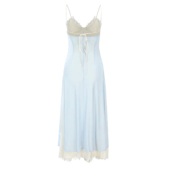 Elegant Blue Spaghetti Strap Lace Trim Ball Gown Evening Gown TP1959