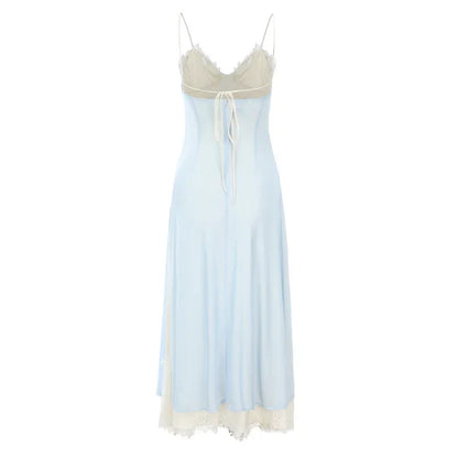 Elegant Blue Spaghetti Strap Lace Trim Ball Gown Evening Gown TP1959