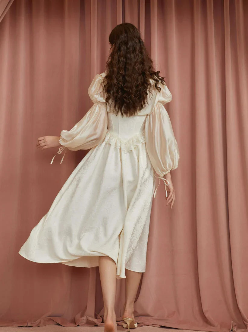 Vintage Ivory Puff Sleeve Lace Long Sleeve Dress TP1993
