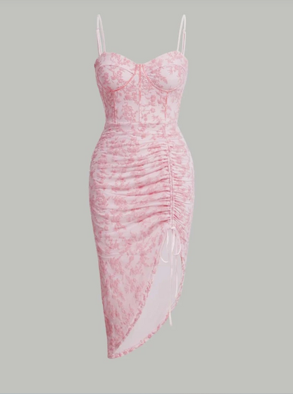 Charming Pink Strap Slit Floral Dress Homecoming Gown TP2027