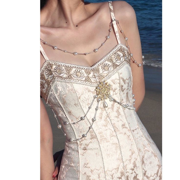 Vintage Ivory Mermaid Spaghetti Strap Pearl Lace Ankle-Length Ball Gown Evening Dress TP2039