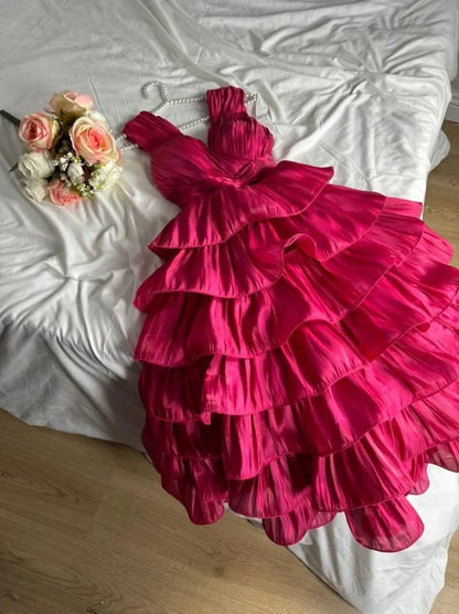 Vintage Pink V Neck Layered Tea Length Evening Gown Homecoming Dress TP2078