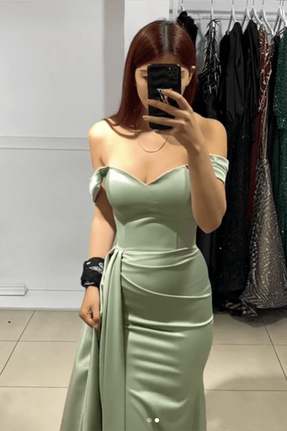 Charming Green Off-The-Shoulder Mermaid Satin Floor-Length Ball Gown Evening Dress TP2085