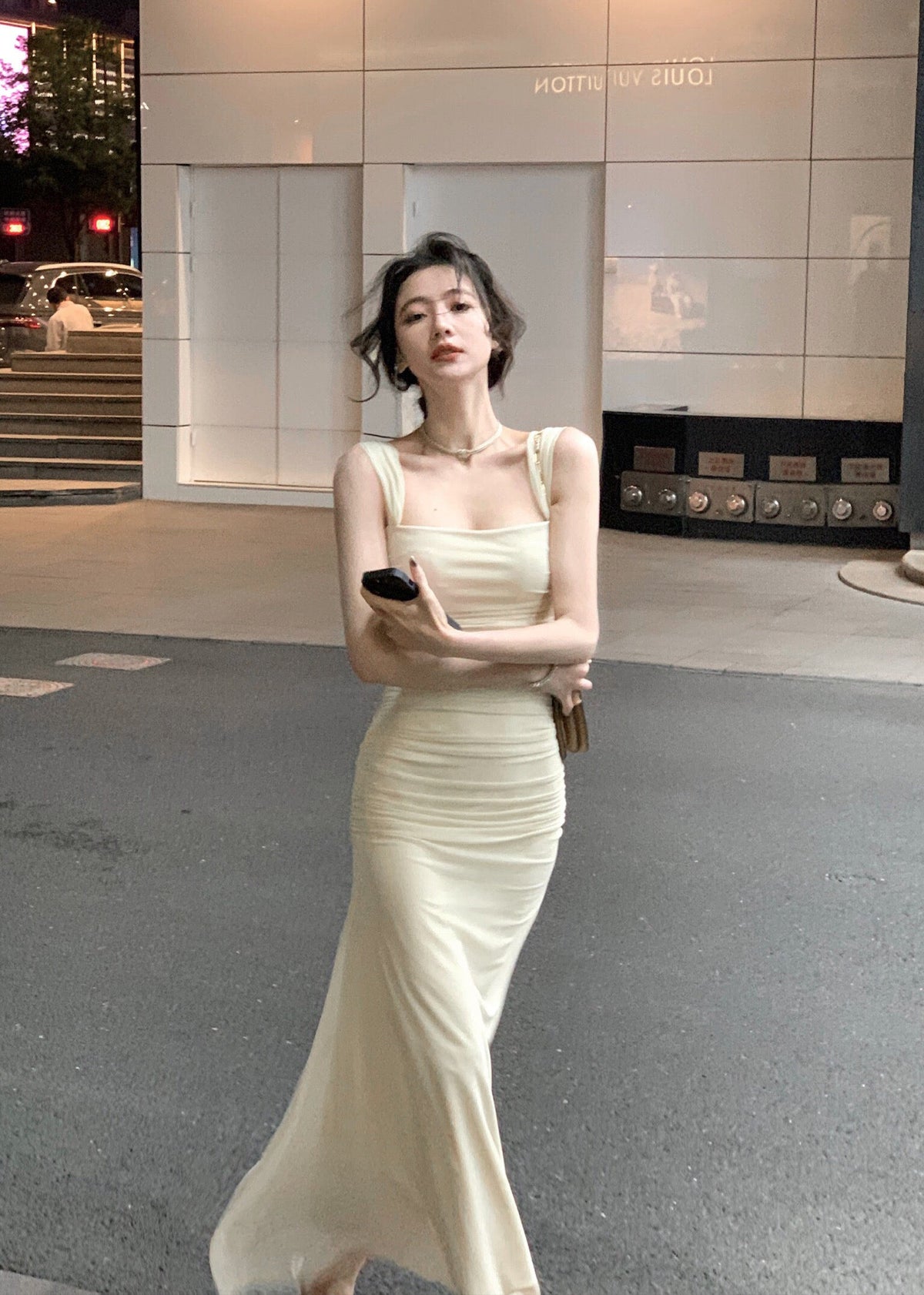Elegant Light Yellow Mermaid Short Sleeve Chiffon Ankle-Length Dress Ball Gown TP2087