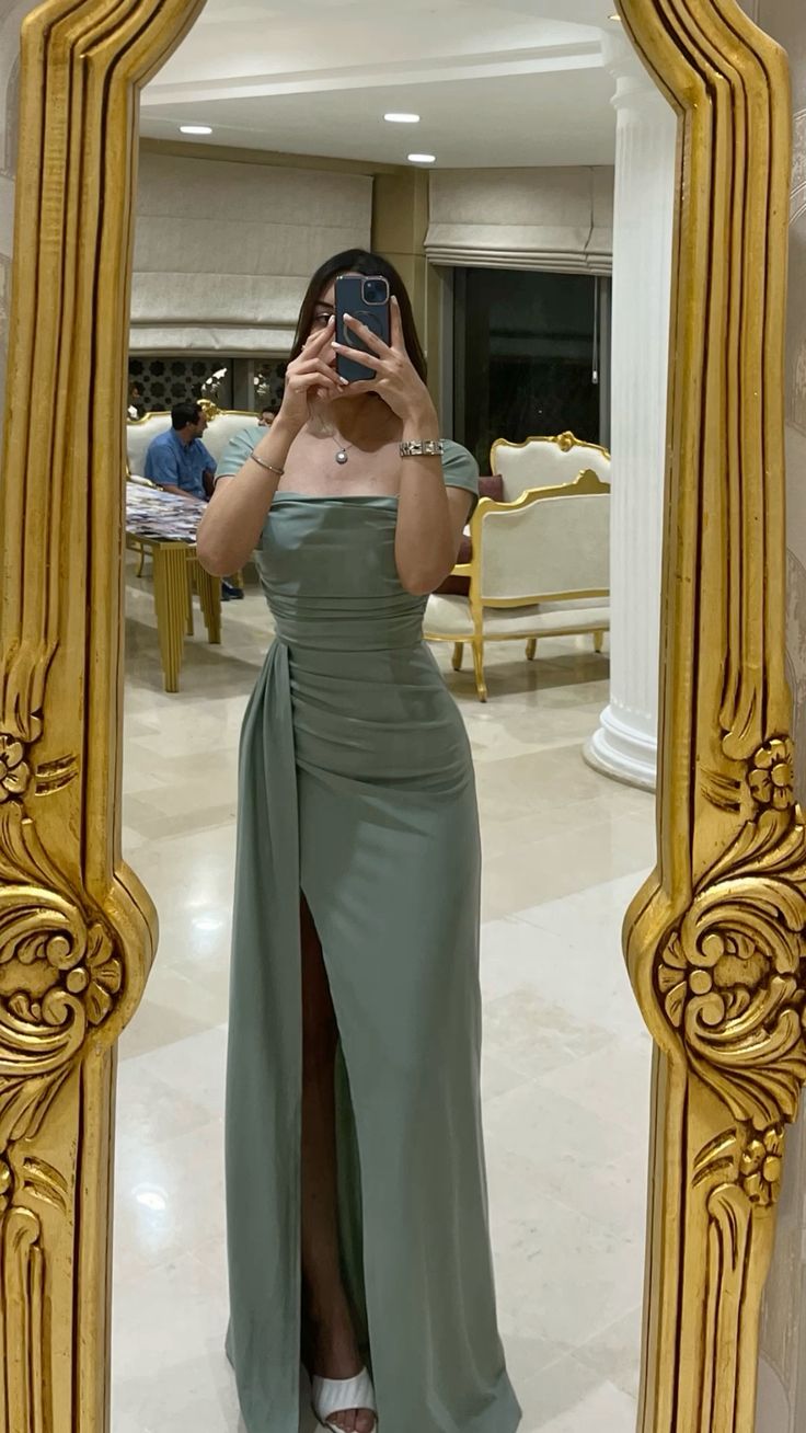 Vintage Sage Green Ruched Maxi Prom Dress Side Slit & Short Sleeves Evening Gown TP2090