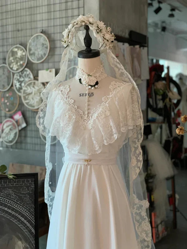 Vintage Chiffon Lace Turtleneck Wedding Dress TP2093