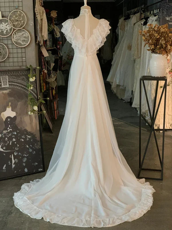 Vintage Chiffon Lace Turtleneck Wedding Dress TP2093