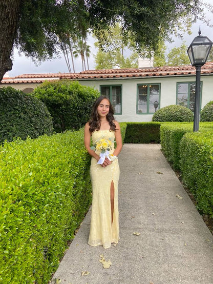 Elegant Yellow Spaghetti Strap Sleeveless Slit Mermaid Prom Dress Bridesmaid Dress TP2097