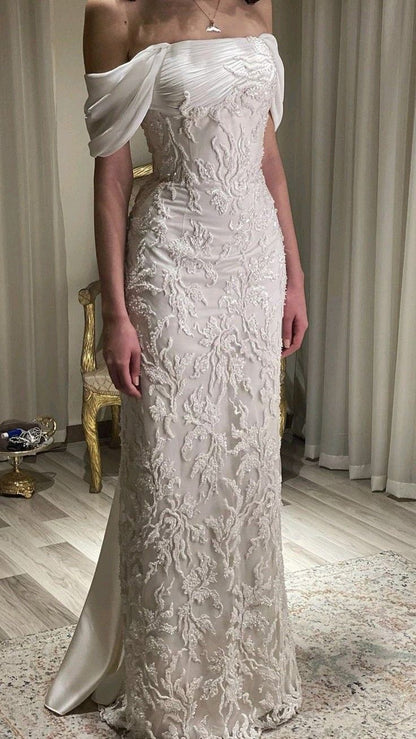 Exquisite Mermaid Off-the-shoulder Applique Beaded Backless Wedding Dress TP2104