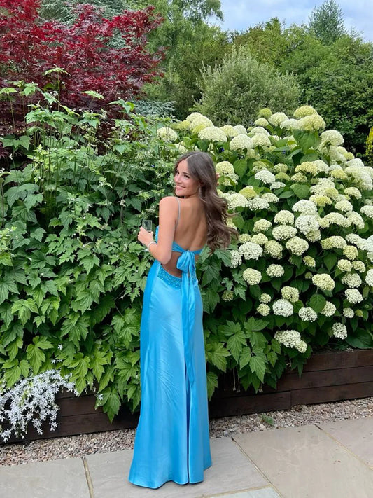 Blue Long Straps Sweetheart Party Dress Formal Dress, Blue Satin Evening Dress TP2122