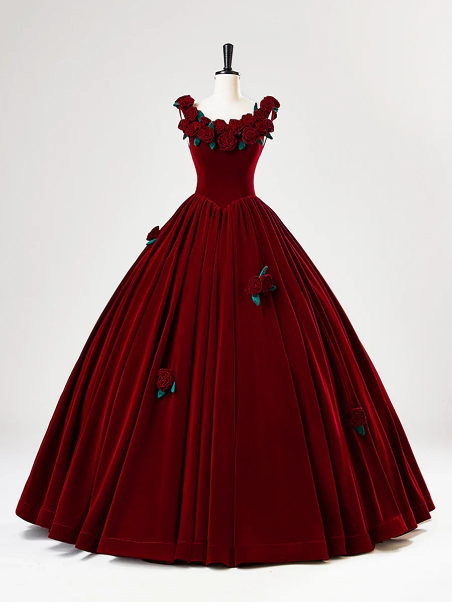 Burgundy Velvet Long Prom Dress with Flower, Beautiful A-Line Formal Party Dress TP2130