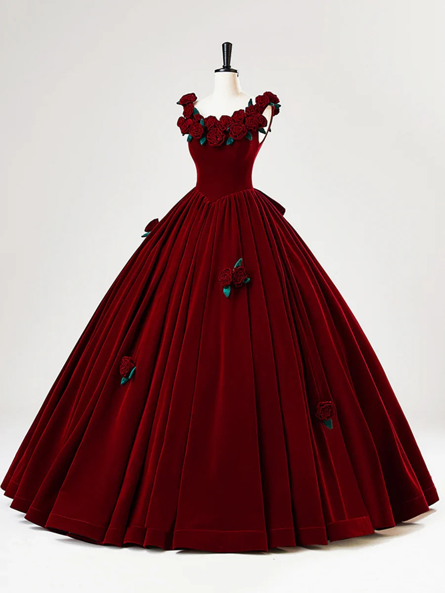 Burgundy Velvet Long Prom Dress with Flower, Beautiful A-Line Formal Party Dress TP2130
